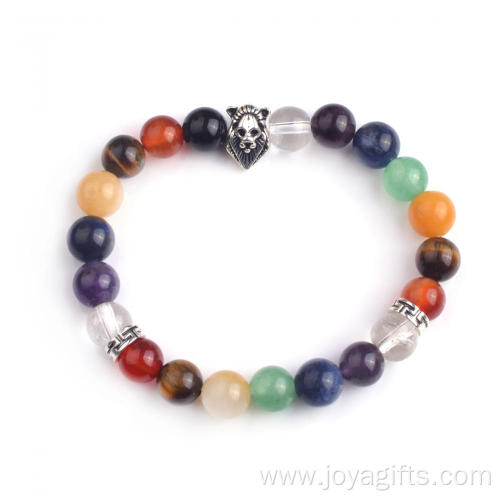 Handmade 7 Chakra Natural Stone Alloy Lion Bead Bangle Bracelet